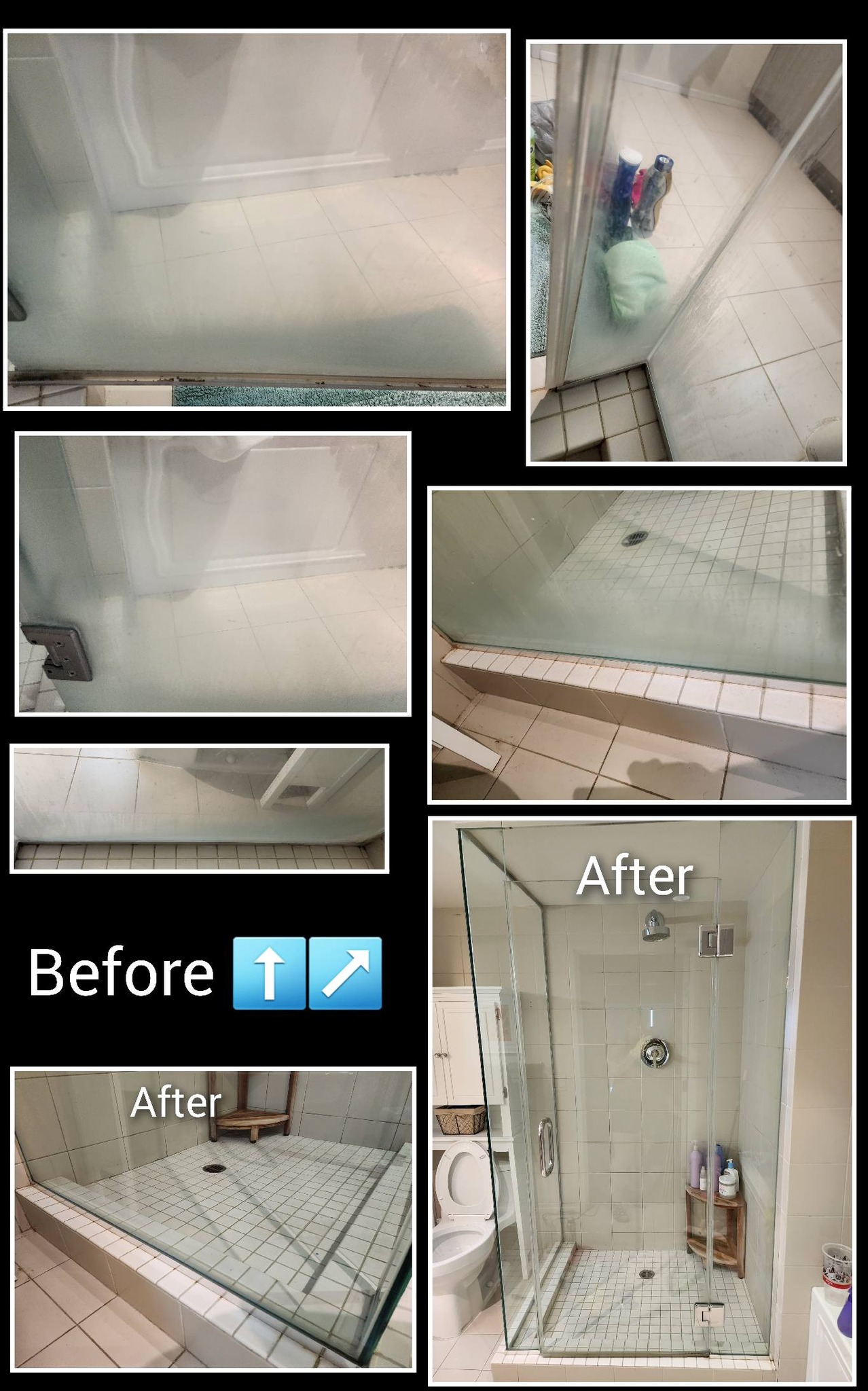 Shower glass and floor before and after cleaning in St. George Utah