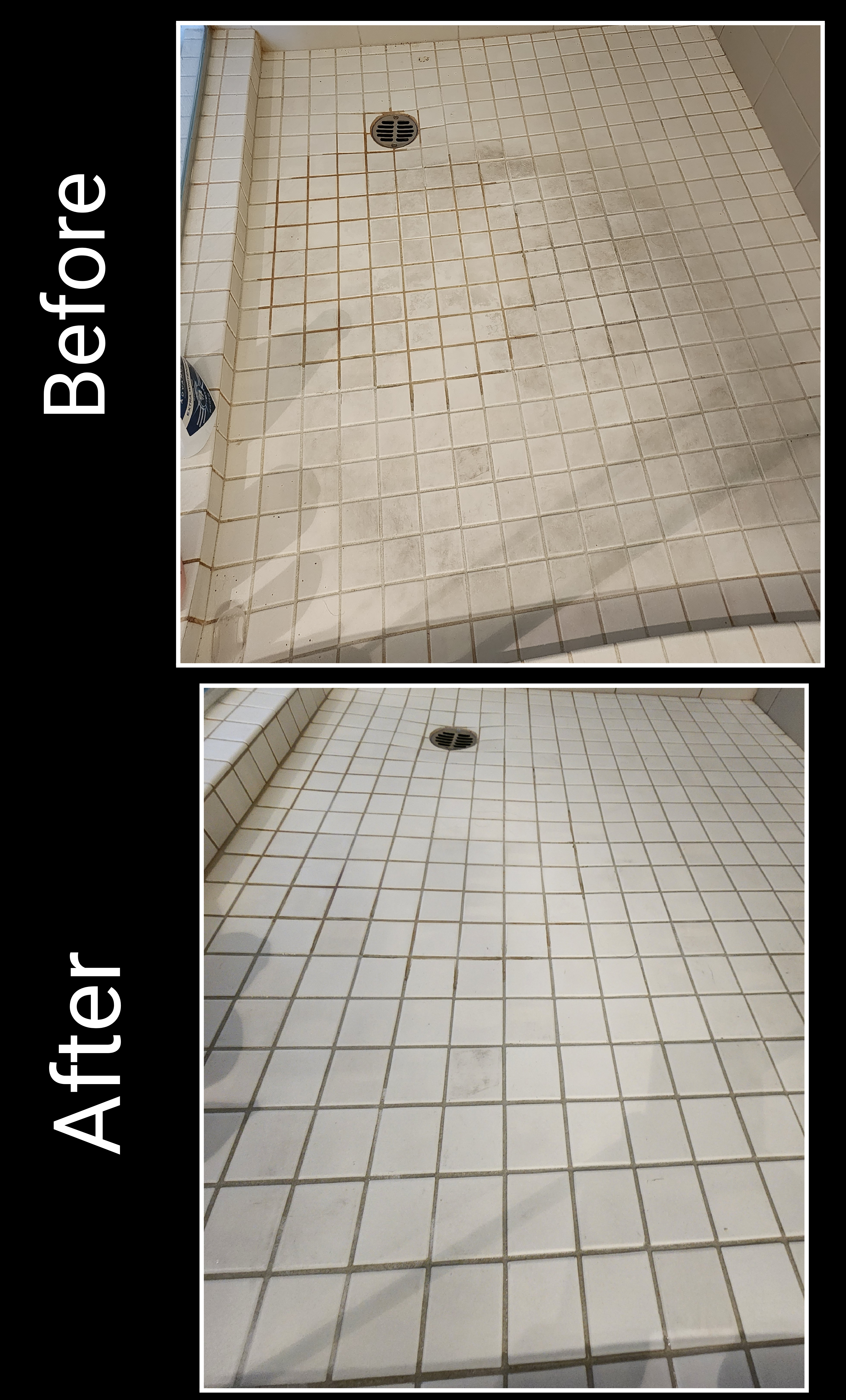Shower tile floor before and after cleaning in St. George Utah
