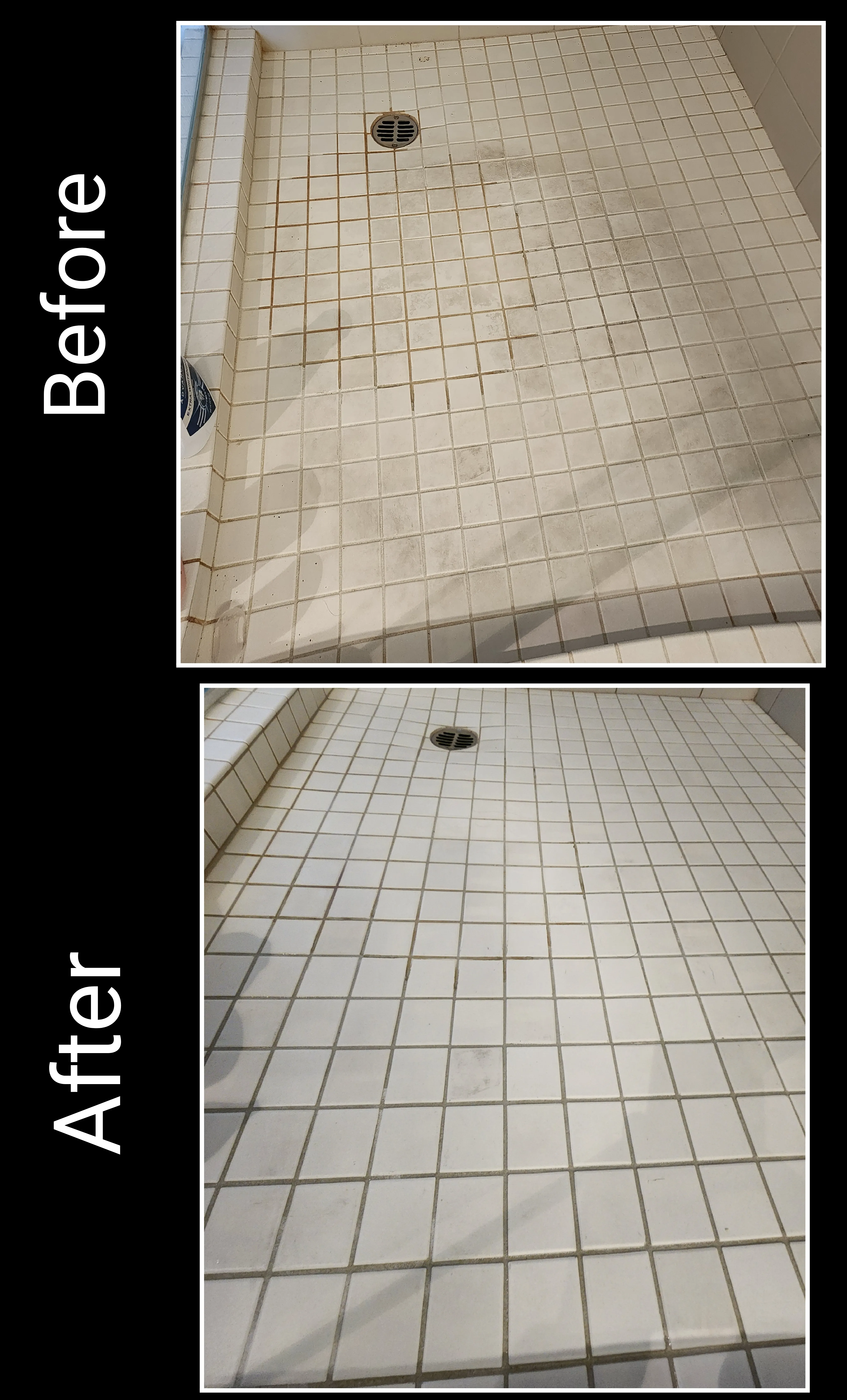Shower tile floor before and after cleaning in St. George Utah