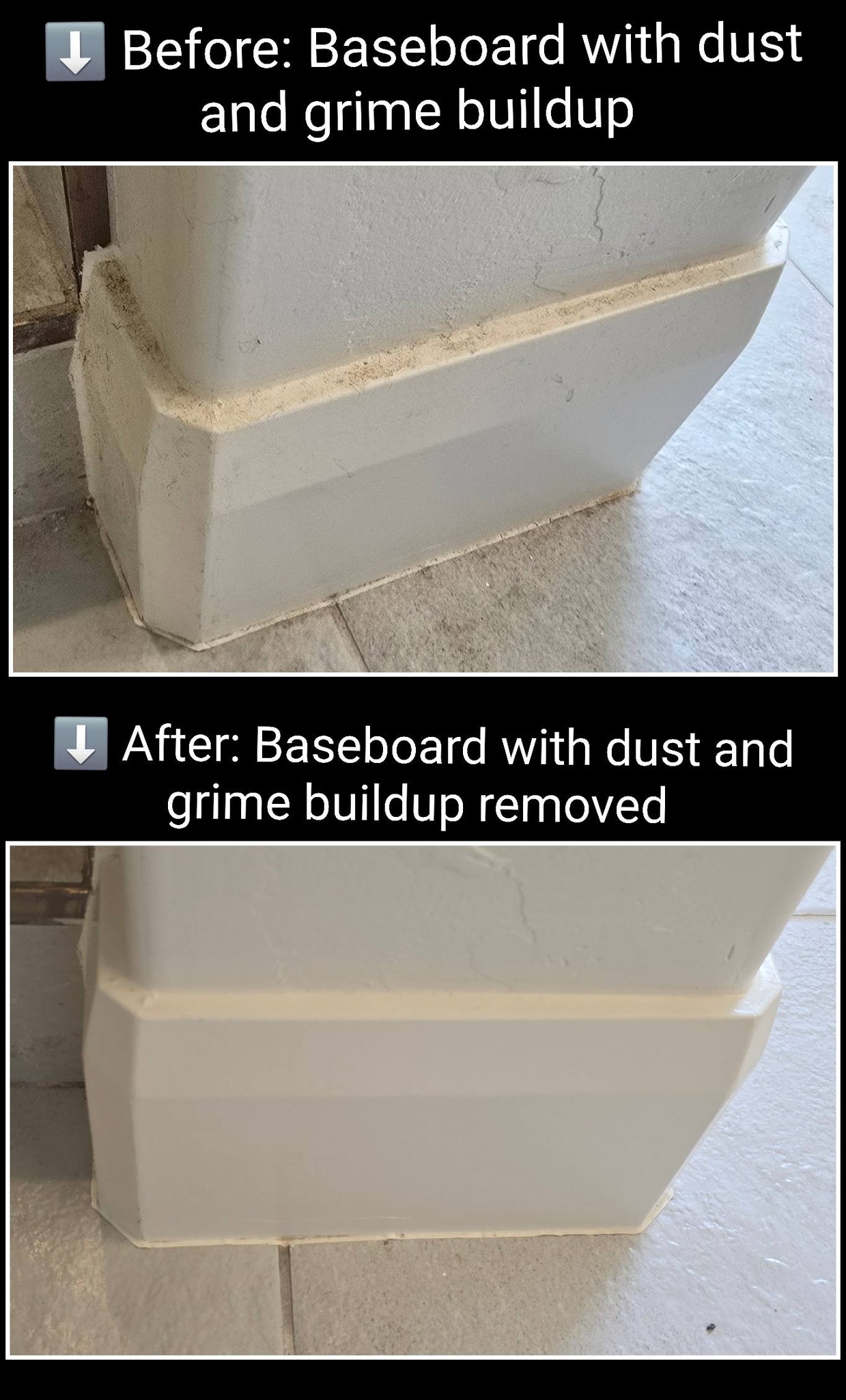 Before and after baseboard dust and grime cleaning