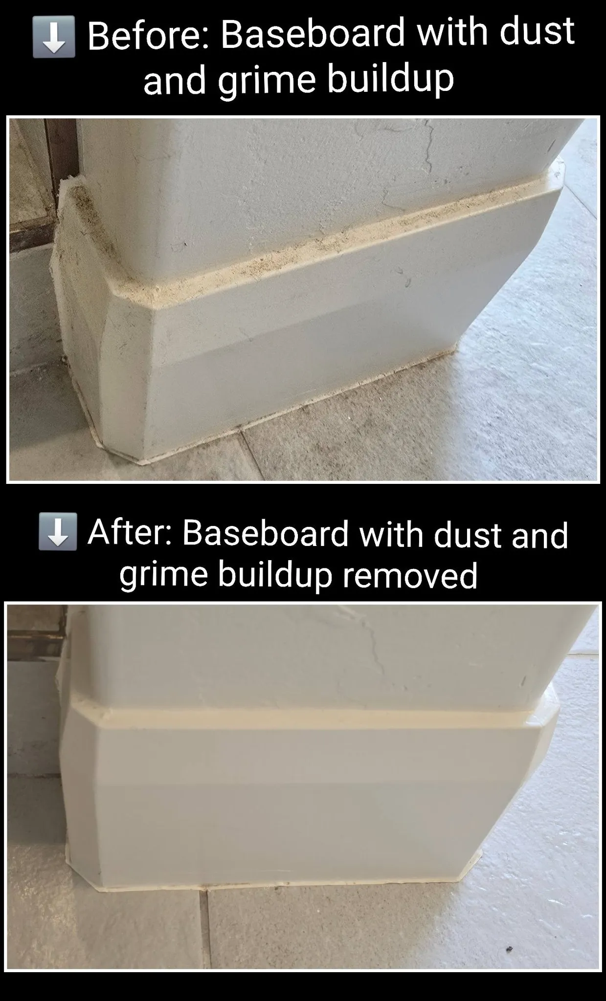 Before and after baseboard cleaning with dust and grime removed