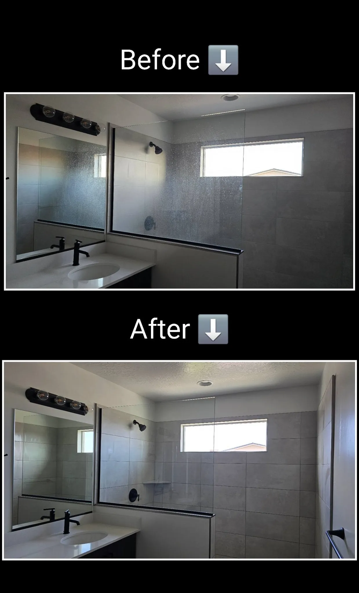 Before and after bathroom cleaning with shower glass and tile cleaned