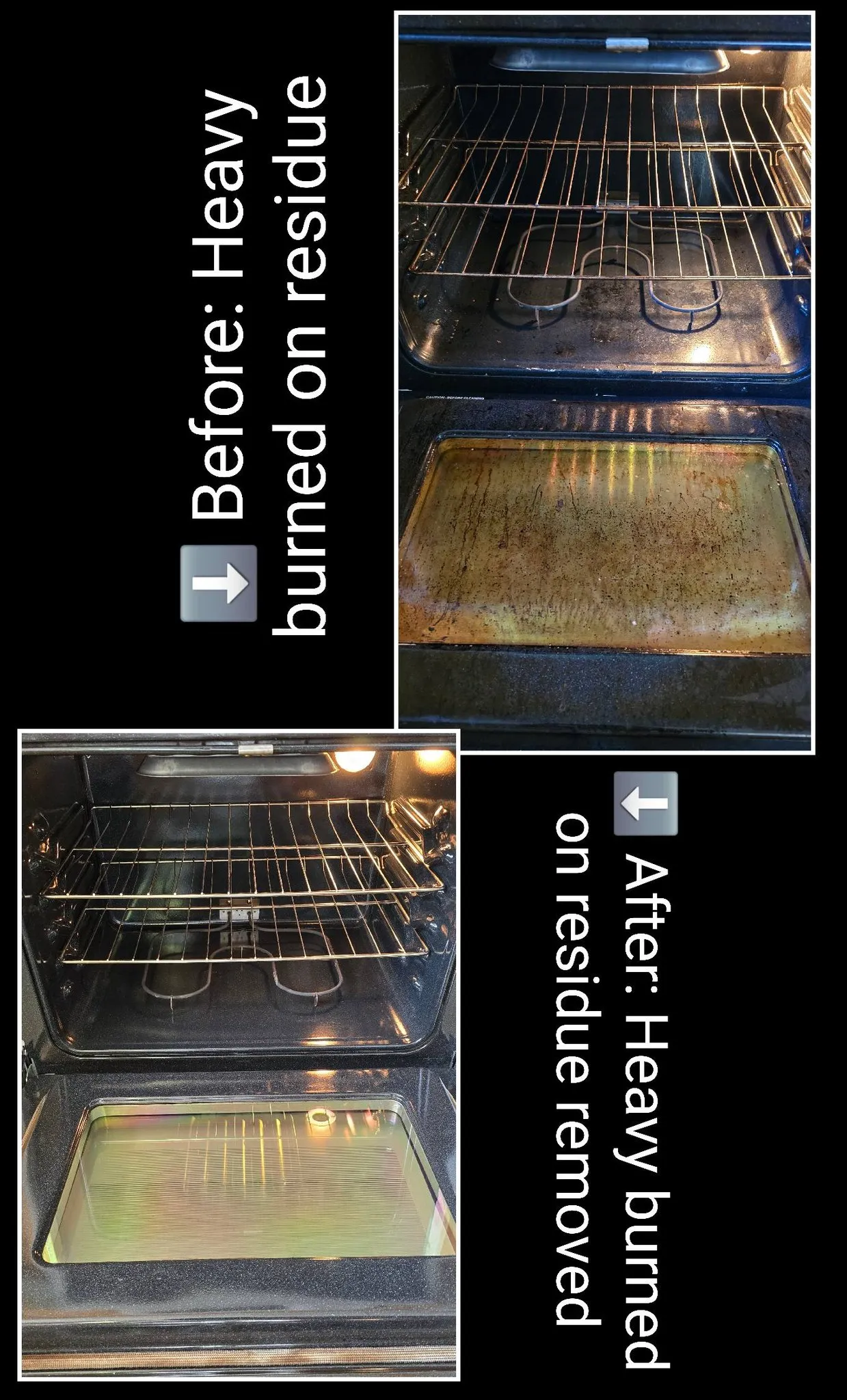 Before and after oven cleaning with heavy grease removed