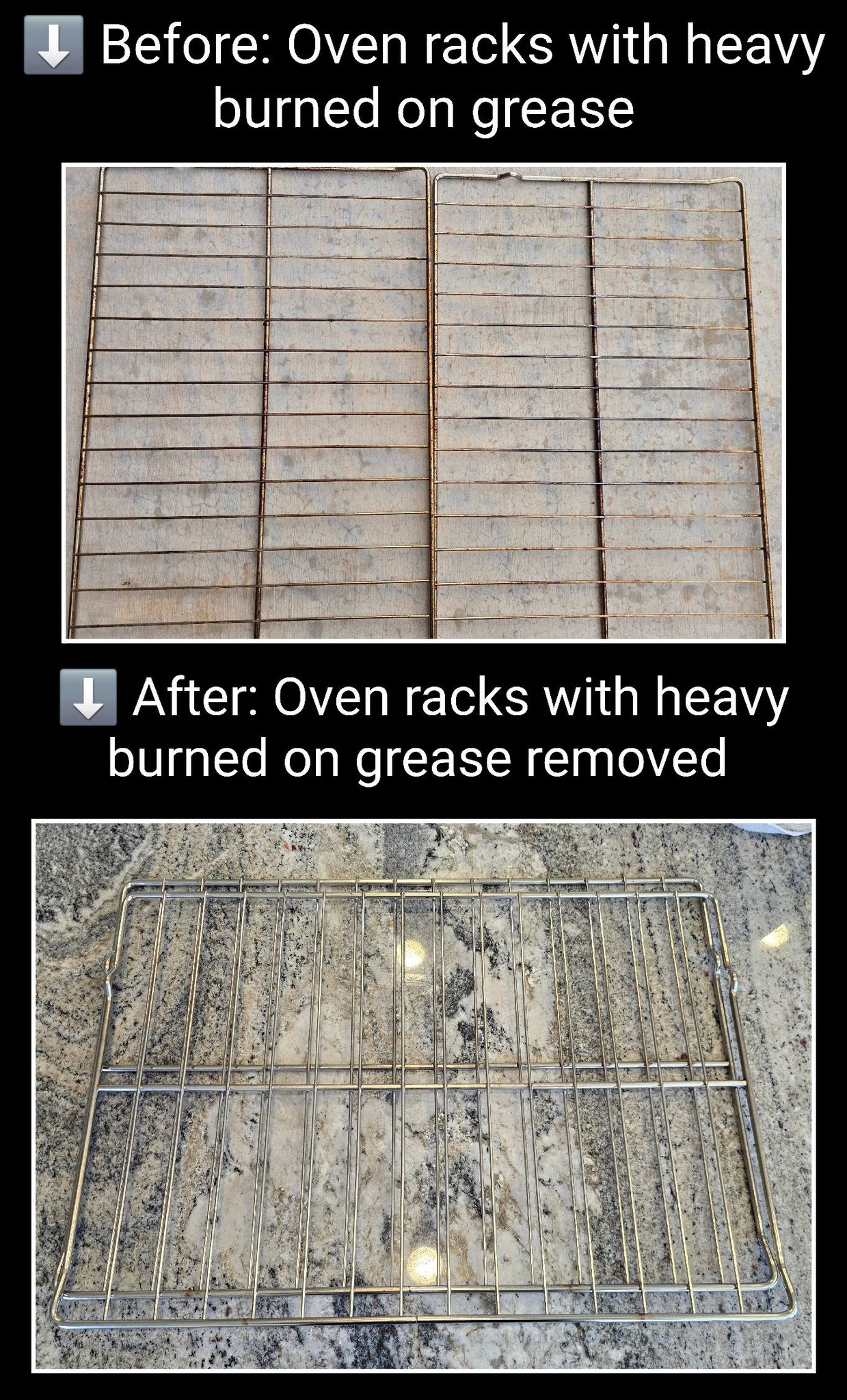 Before and after oven rack cleaning with burned on grease removed