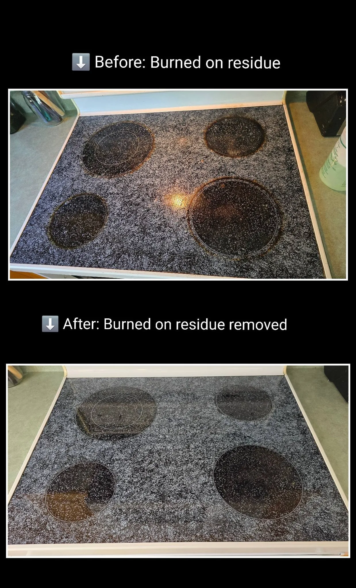 Before and after stovetop cleaning with burned on residue removed