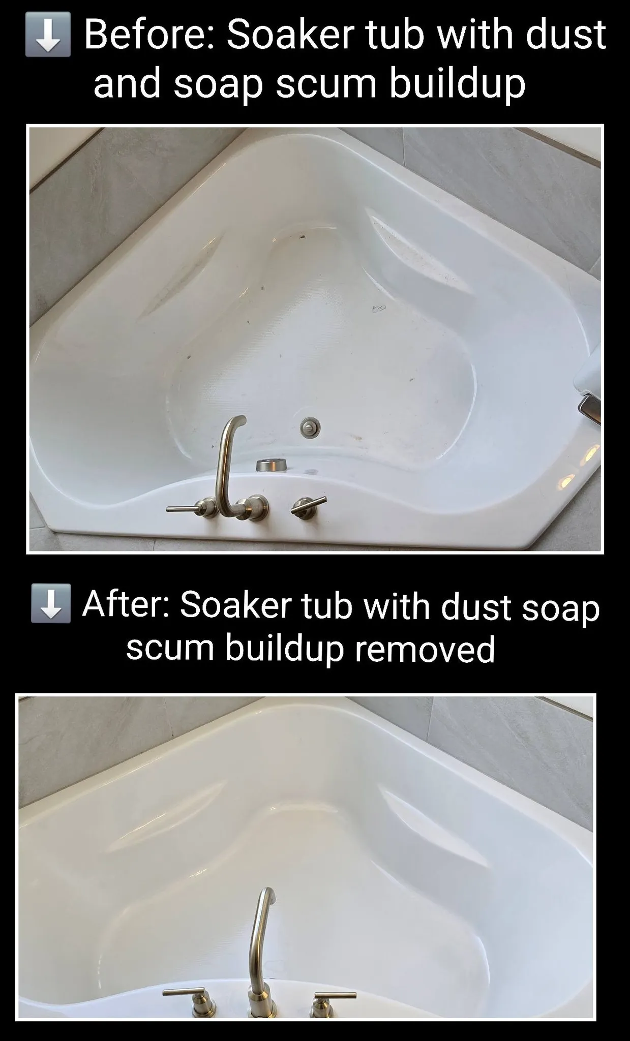 Before and after soaker tub cleaning with soap scum and dust removed