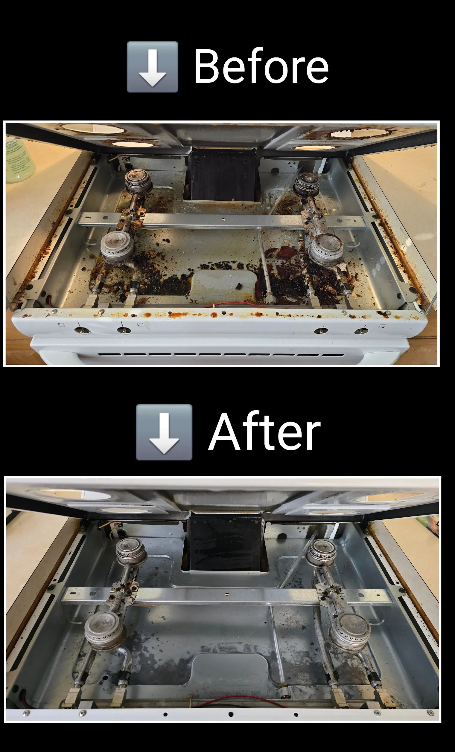 Hidden buildup cleaned below stovetop during move-out cleaning in St. George, Utah