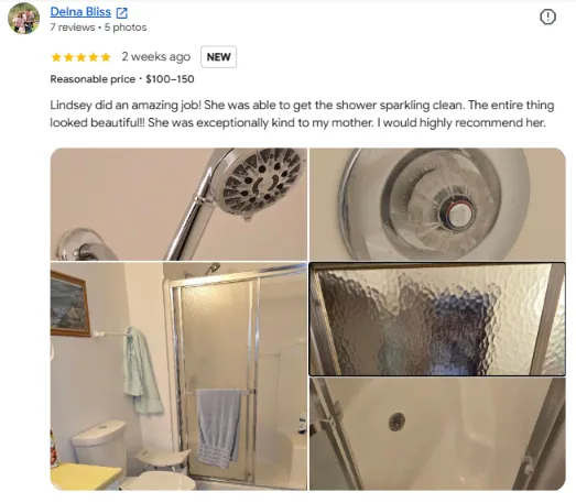 Delna Bliss five-star review with client-submitted shower cleaning result photos