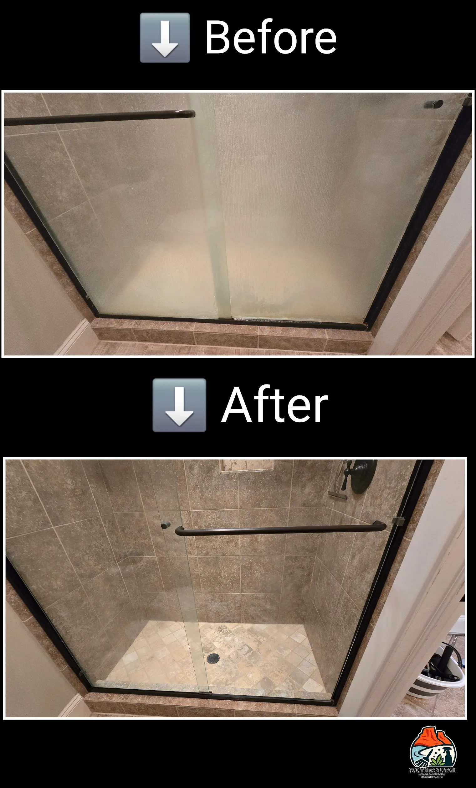 Second before and after angle of glass shower door restoration cleaning in St. George, Utah