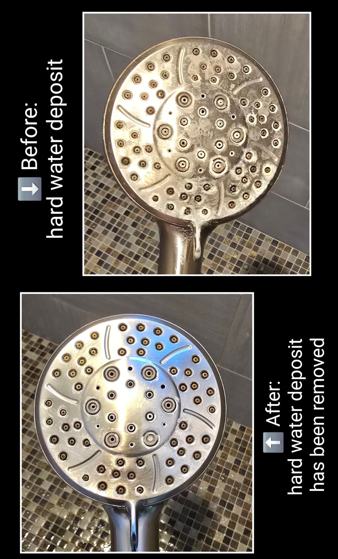 Before and after shower head hard water removal in St. George Utah