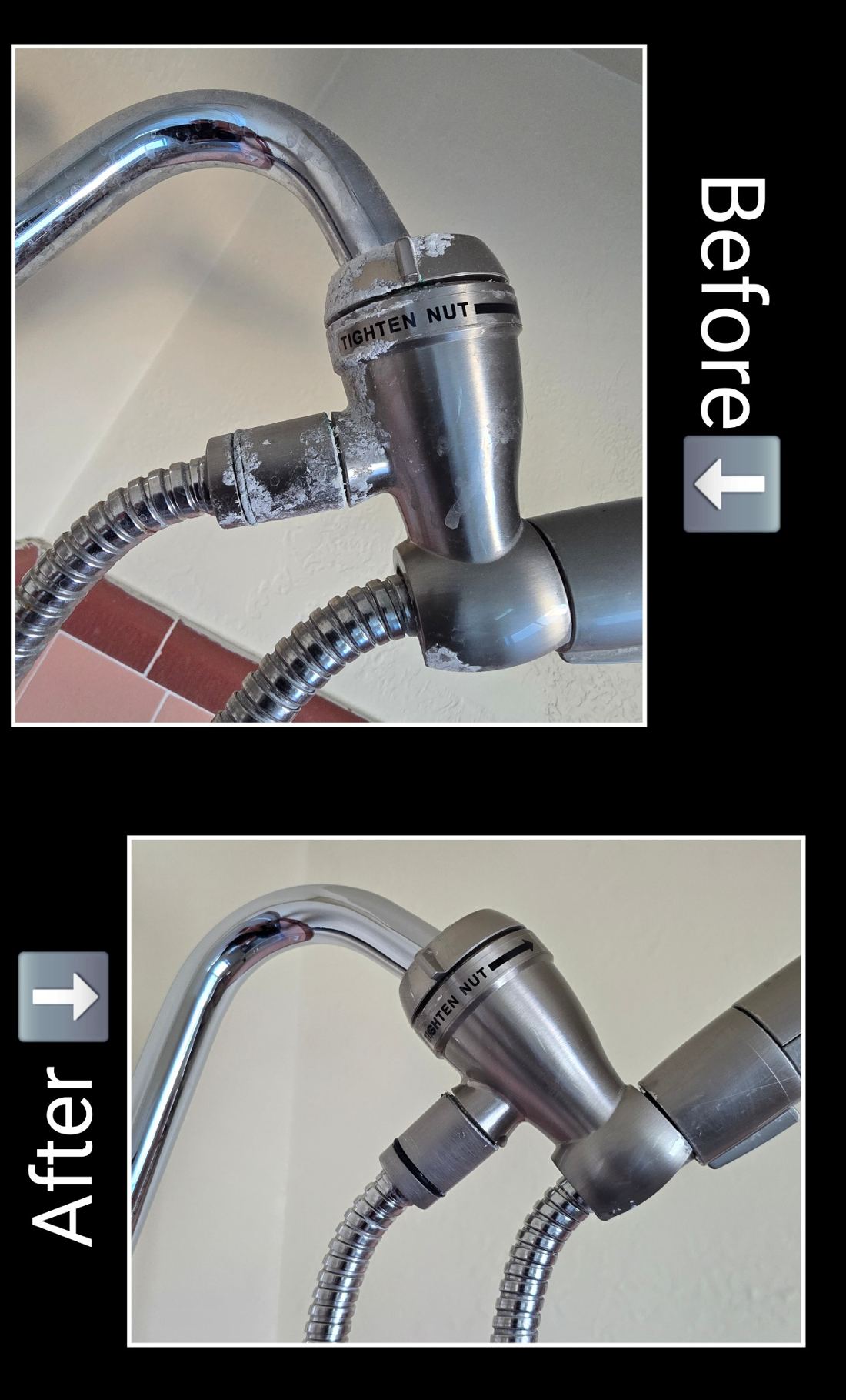 Before and after shower wand hard water removal in St. George Utah