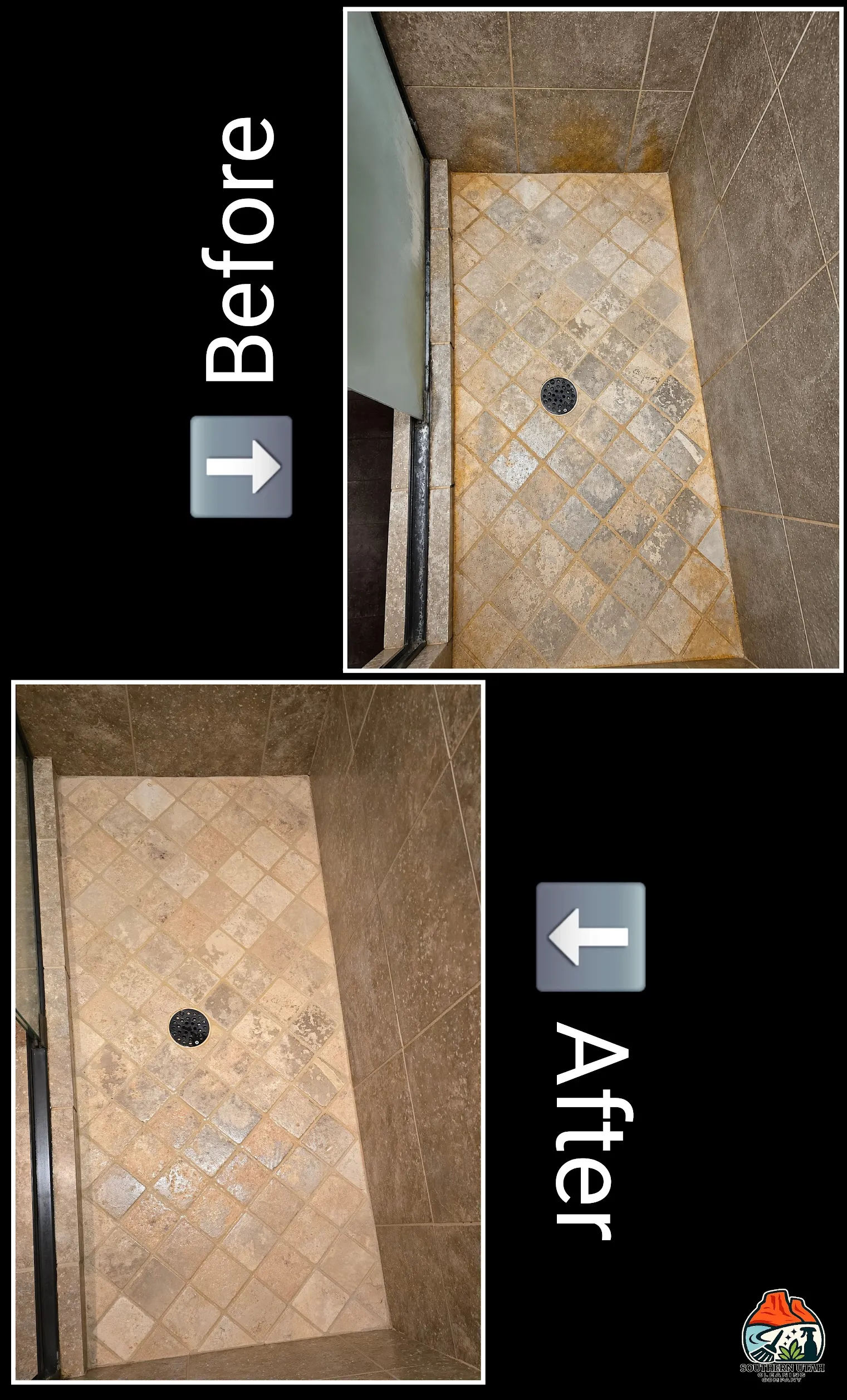 Second before and after shower restoration cleaning showing full shower condition in St. George, Utah