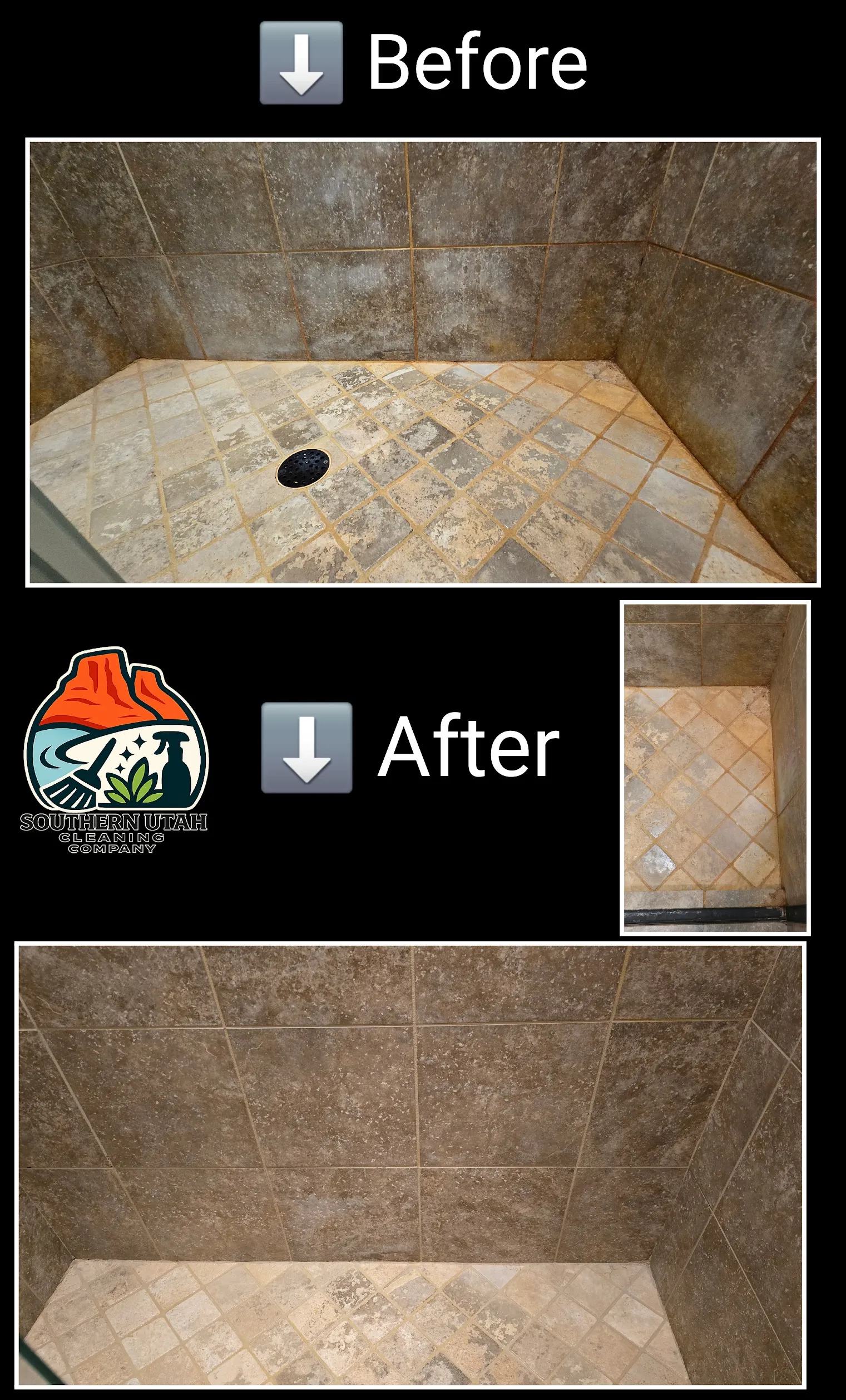 Before and after shower restoration cleaning showing tile and shower floor in St. George, Utah