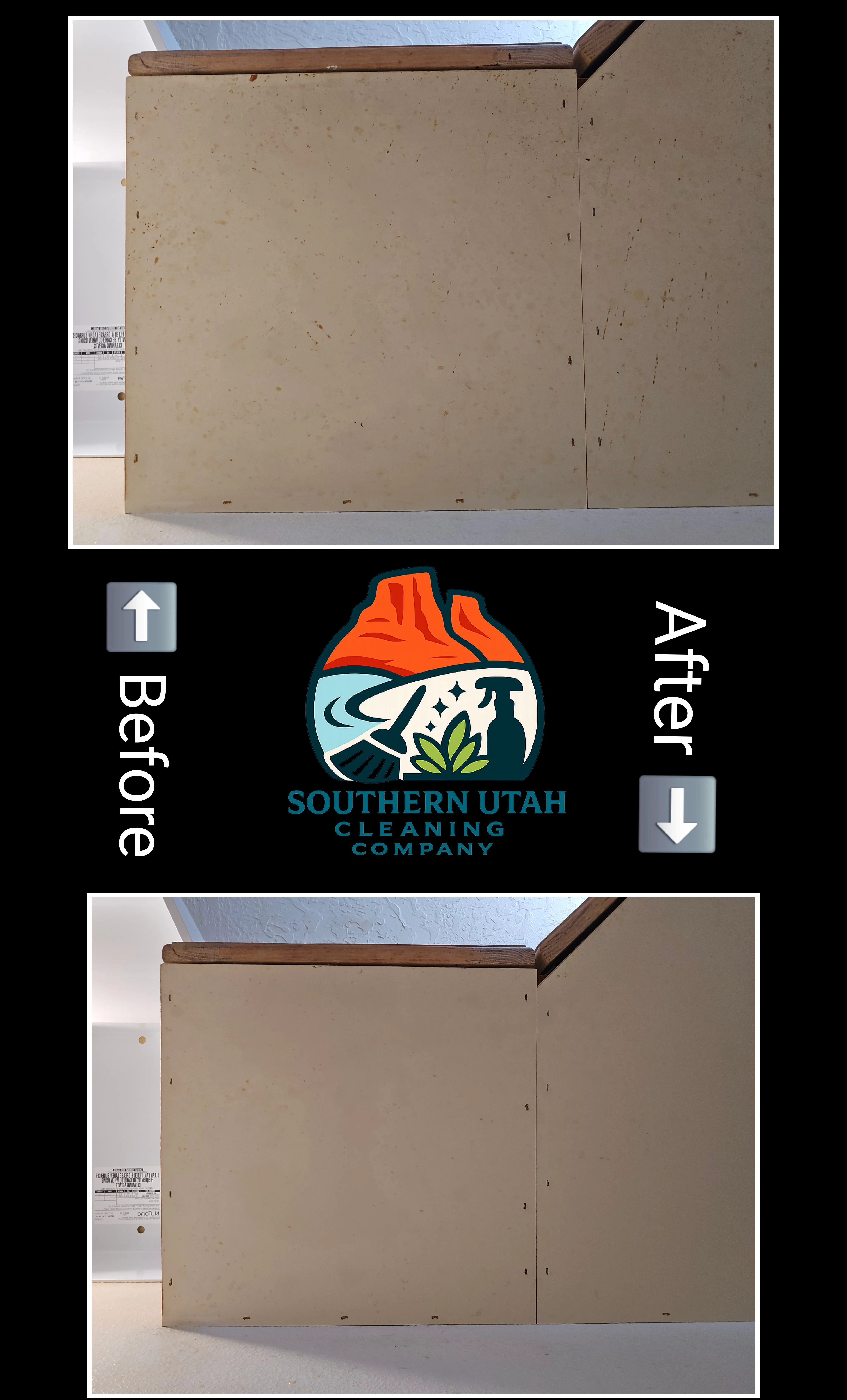 Before and after cleaning grease from an under-cabinet corner in St. George, Utah