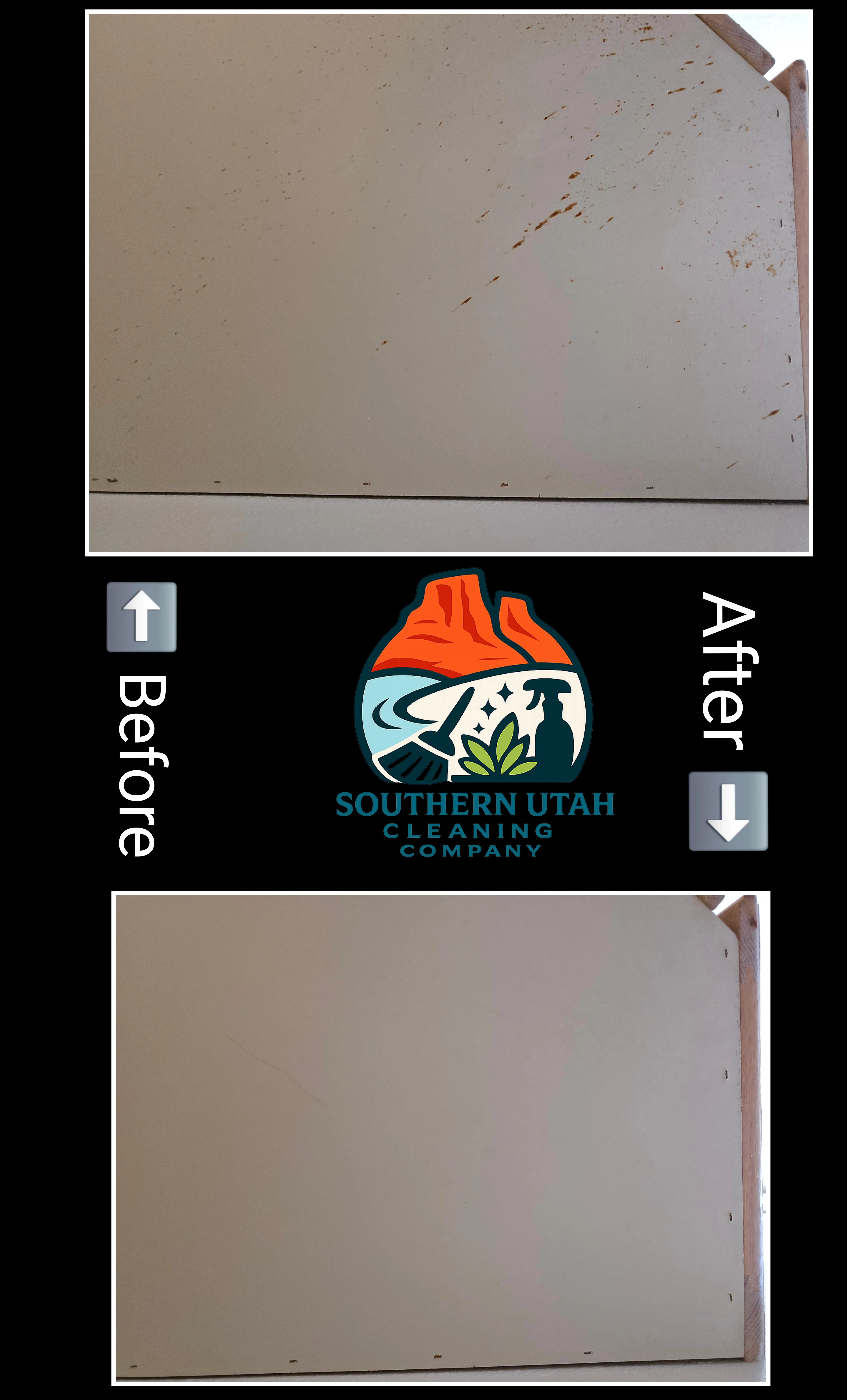 Before and after cleaning grease from an under-cabinet end panel in St. George, Utah